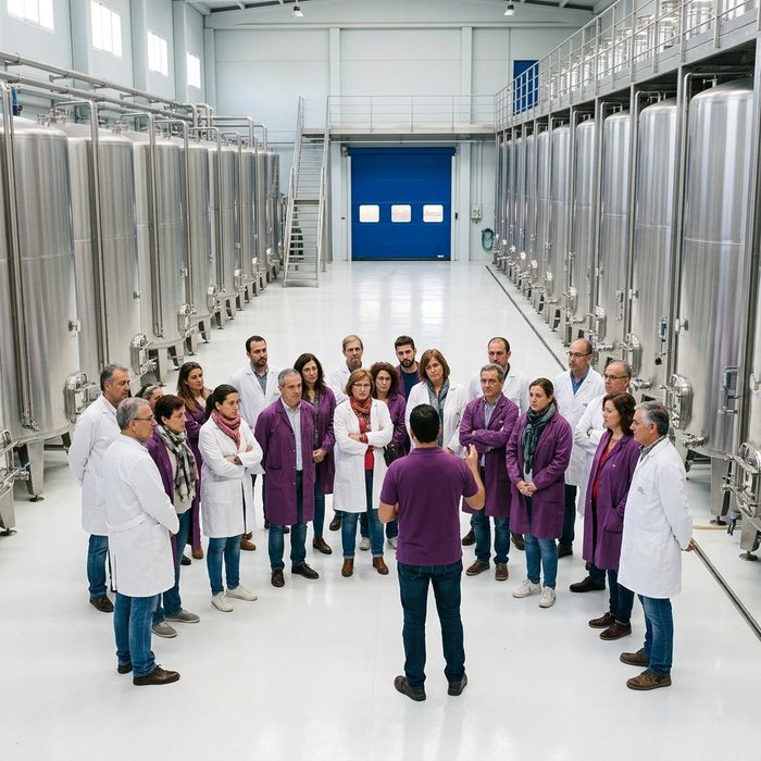 Grupo de visitantes durante una visita guiada en una almazara moderna con depósitos de acero inoxidable