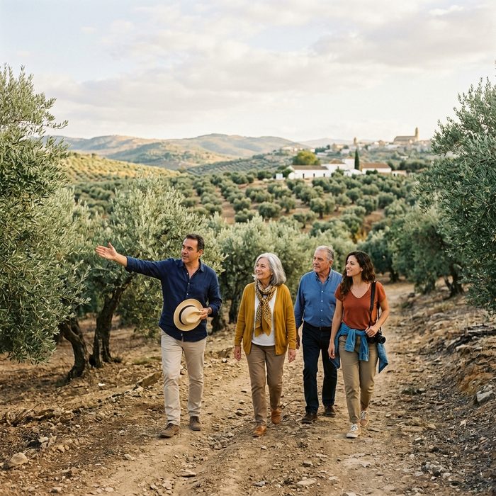 Grupo de visitantes recorriendo un olivar con un guía en una experiencia de oleoturismo a la carta